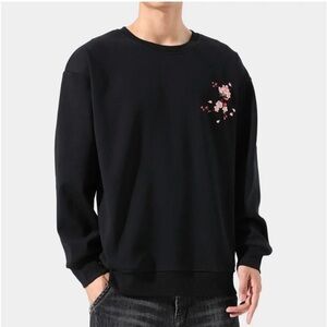 Kidoriman Black Sweatshirt with Pink Floral Sakura Cherry Blossom Embroidery XXL